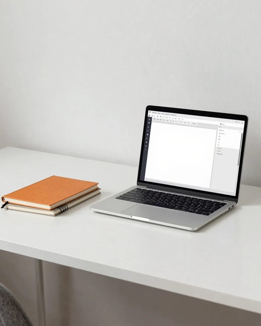 Clean minimal workspace with a laptop displaying a digital template layout, a stack of printed notebooks, soft diffused